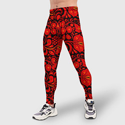 Тайтсы мужские Хохломская роспись красные цветы и ягоды на чёрном, цвет: 3D-принт — фото 2