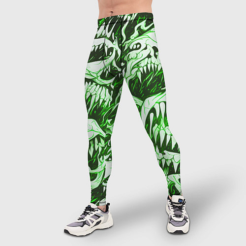Мужские тайтсы Белые клыки на зелёном фоне / 3D-принт – фото 3