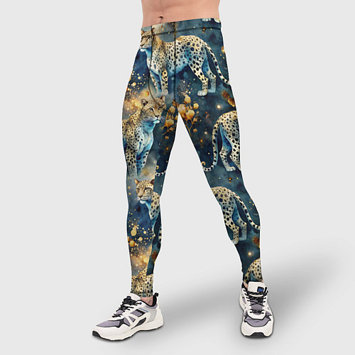 Мужские тайтсы Леопард и золотые капли на синем фоне / 3D-принт – фото 3