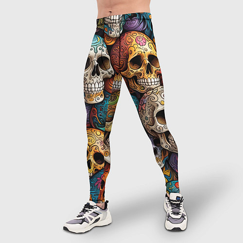 Мужские тайтсы Разноцветные черепа, паттерн / 3D-принт – фото 3