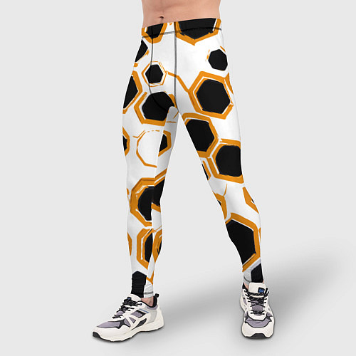 Мужские тайтсы Чёрно-жёлтые шестиугольники на белом фоне / 3D-принт – фото 3