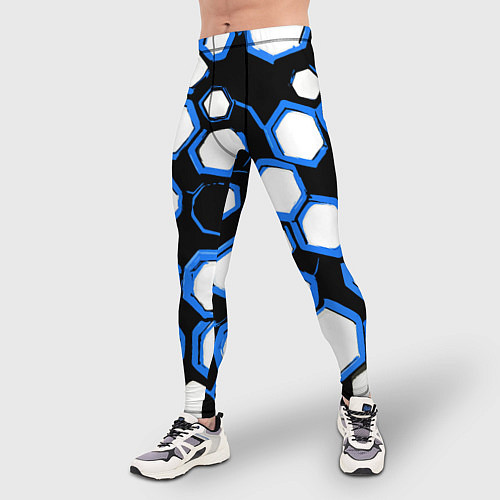 Мужские тайтсы Бело-синие шестиугольники на чёрном фоне / 3D-принт – фото 3