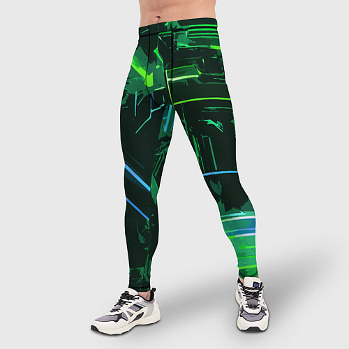 Мужские тайтсы Зелёно-голубые полосы на чёрном фоне / 3D-принт – фото 3