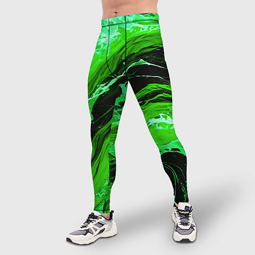 Мужские тайтсы Зелёные брызги на чёрном фоне / 3D-принт – фото 3