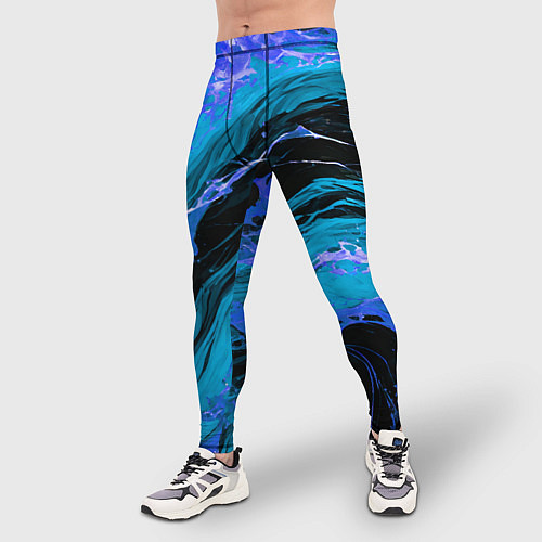 Мужские тайтсы Синие брызги на чёрном фоне / 3D-принт – фото 3