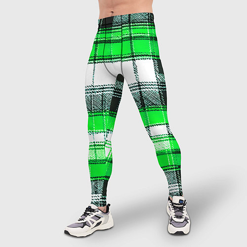 Мужские тайтсы Чёрные полосы на зелёном-белом фоне / 3D-принт – фото 3
