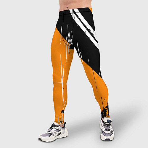 Мужские тайтсы Вертикальные чёрные линии на оранжево-белом фоне / 3D-принт – фото 3