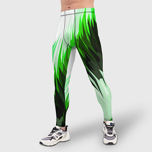 Мужские тайтсы Чёрно-зелёные острые полосы на белом фоне / 3D-принт – фото 3