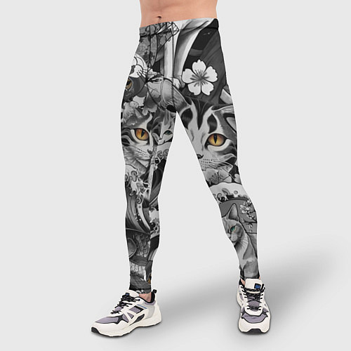 Мужские тайтсы С котами и рыбой на фоне сакуры в волнах / 3D-принт – фото 3