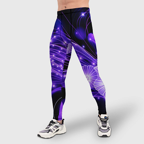 Мужские тайтсы Силуэты цветов на темном фоне - фиолетовое свечени / 3D-принт – фото 3