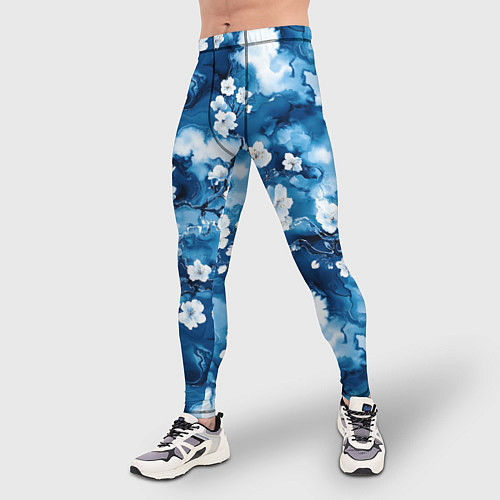 Мужские тайтсы Цветы белой сакуры - паттерн на синем фоне / 3D-принт – фото 3