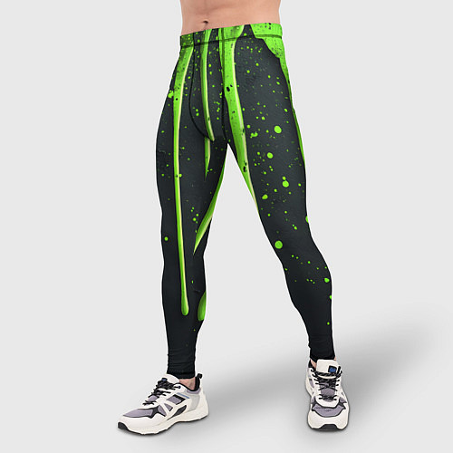 Мужские тайтсы Зеленая краска стекающая на черном фоне / 3D-принт – фото 3