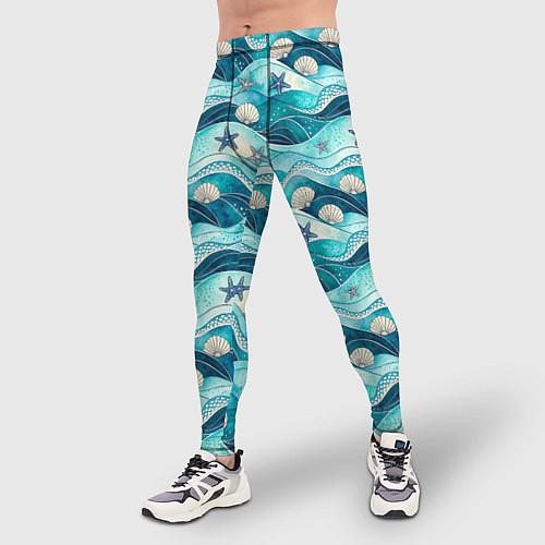 Мужские тайтсы Летний узор с ракушками и морскими звездами / 3D-принт – фото 3