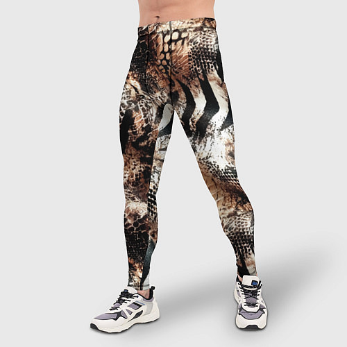 Мужские тайтсы Змеиная кожа и полоски зебры микс - сафари паттерн / 3D-принт – фото 3