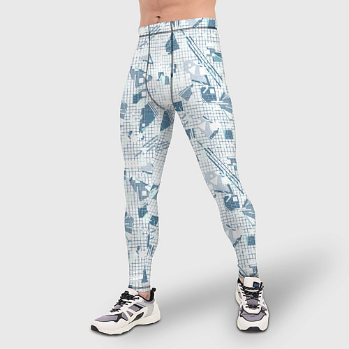 Мужские тайтсы Мемфис синий с серым клетчатый геометрический узор / 3D-принт – фото 3