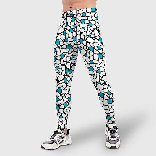 Мужские тайтсы Мелкий синий белый мозаичный узор на черном / 3D-принт – фото 3