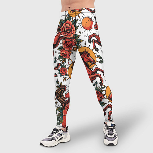 Мужские тайтсы Красный конь в стиле татуировки / 3D-принт – фото 3