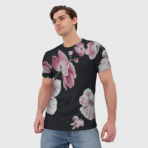 Мужская футболка Цветы на черном фоне / 3D-принт – фото 3