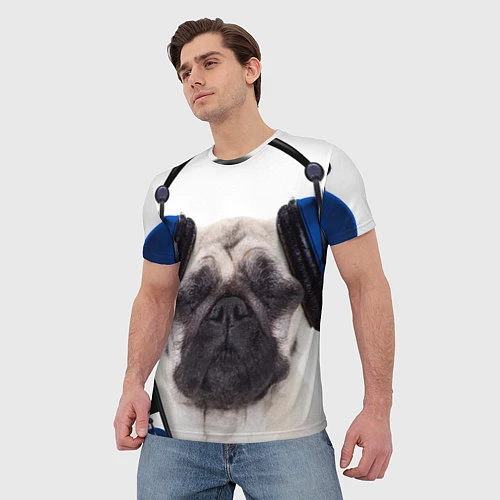 Мужская футболка Мопс в наушниках / 3D-принт – фото 3