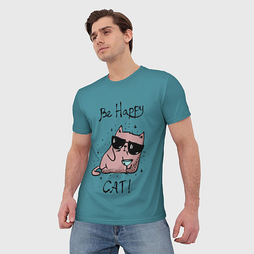 Мужская футболка Be Happy Cat / 3D-принт – фото 3