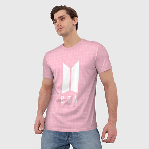 Мужская футболка BTS: Pink Grid / 3D-принт – фото 3