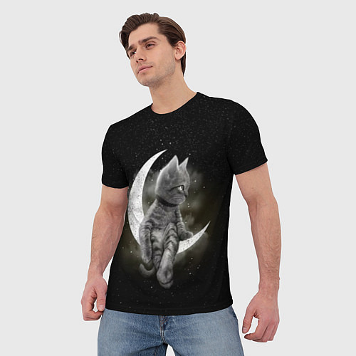Мужская футболка Кот на луне / 3D-принт – фото 3