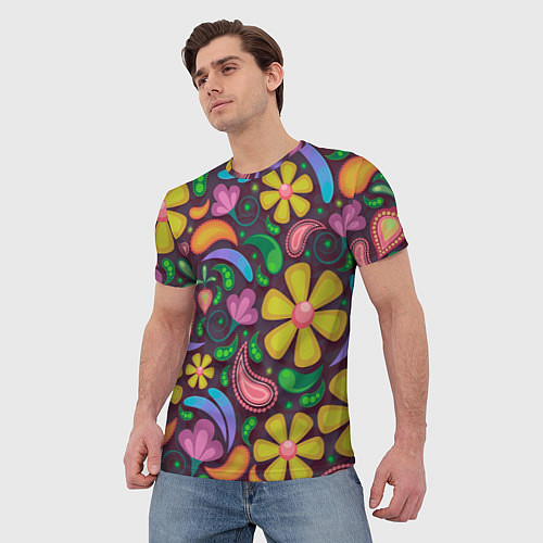 Мужская футболка Летние цветы узор на темном / 3D-принт – фото 3