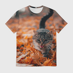Футболка мужская Мяукающий кот осенние листья, цвет: 3D-принт