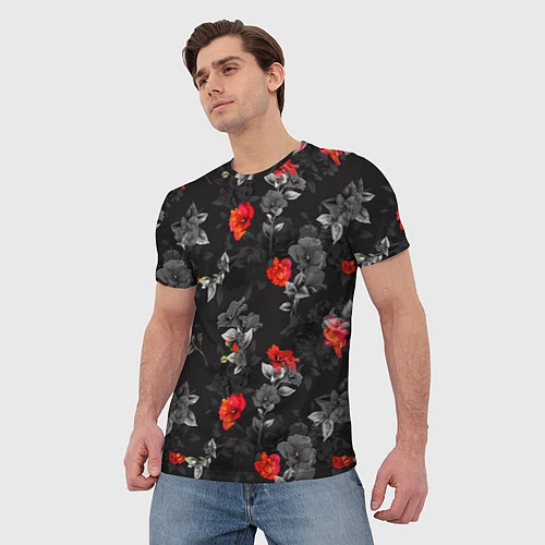 Мужская футболка Красные цветы / 3D-принт – фото 3