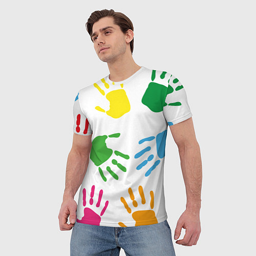 Мужская футболка Цветные ладошки - Детский узор / 3D-принт – фото 3