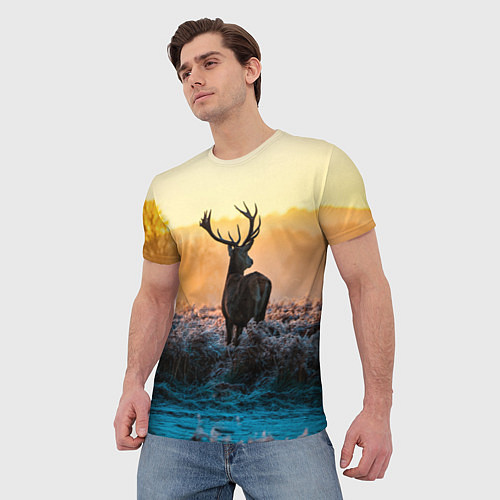 Мужская футболка Олень рассвет зима / 3D-принт – фото 3