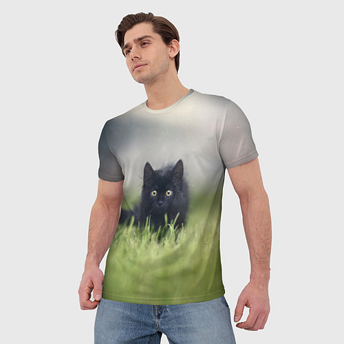 Мужская футболка Черный кот на лугу / 3D-принт – фото 3