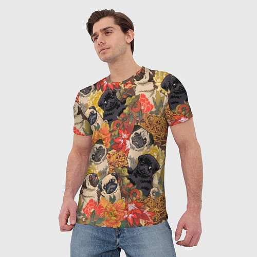 Мужская футболка Мопсики Цветочки / 3D-принт – фото 3