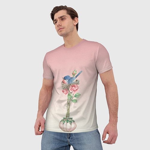 Мужская футболка Птичка в гнезде роза / 3D-принт – фото 3