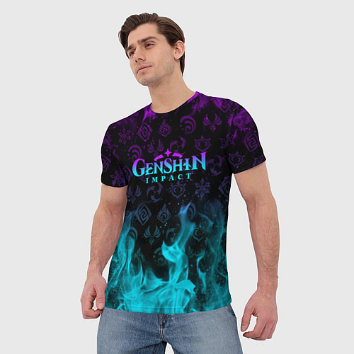 Мужская футболка GENSHIN IMPACT НЕОНОВЫЙ ОГОНЬ / 3D-принт – фото 3