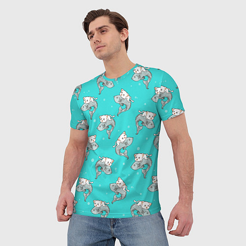 Мужская футболка Котики и рыбки / 3D-принт – фото 3