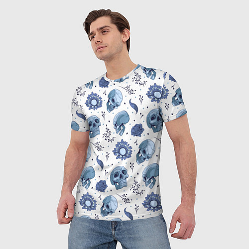 Мужская футболка Узор Голубые черепа с цветами / 3D-принт – фото 3