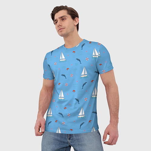 Мужская футболка Море, дельфины, парусник / 3D-принт – фото 3