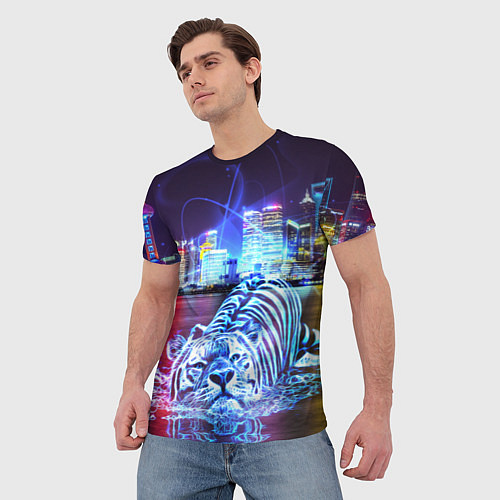 Мужская футболка Плывущий неоновый тигр / 3D-принт – фото 3