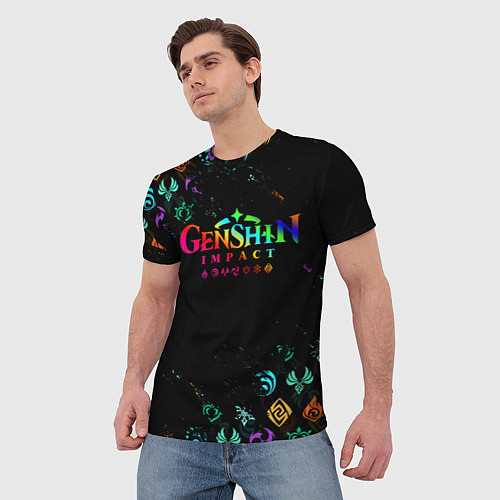 Мужская футболка GENSHIN IMPACT NEON LOGO RAINBOW STYLE, ЭМБЛЕМЫ / 3D-принт – фото 3