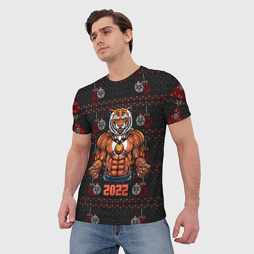 Мужская футболка Новогодний качок-тигр / 3D-принт – фото 3
