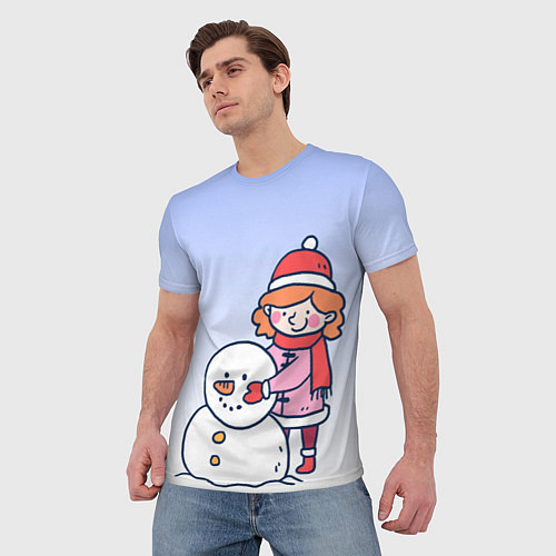 Мужская футболка Девочка лепит снеговика / 3D-принт – фото 3