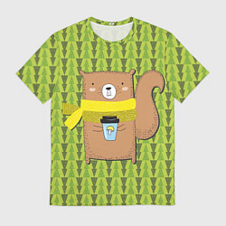 Футболка мужская Бобер в шарфе и кружкой кофе, цвет: 3D-принт