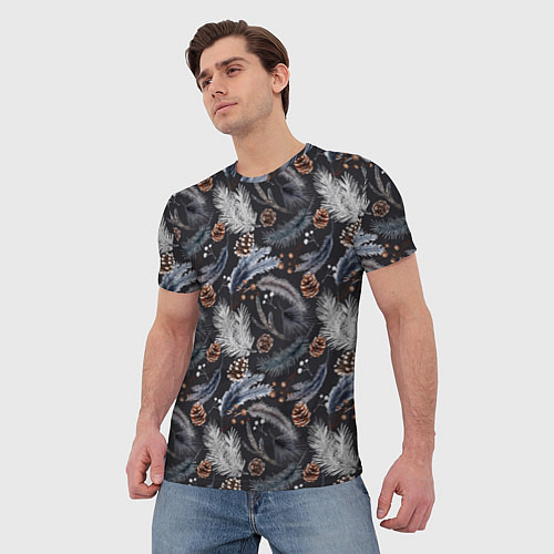 Мужская футболка Узор из еловых веток и шишек Акварельный рисунок / 3D-принт – фото 3
