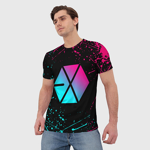 Мужская футболка EXO BAND NEON LOGO НЕОНОВЫЕ БРЫЗГИ КРАСОК / 3D-принт – фото 3