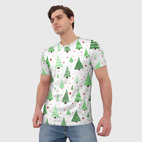 Мужская футболка Много разных зелёных ёлочек на белом фоне плюс кра / 3D-принт – фото 3