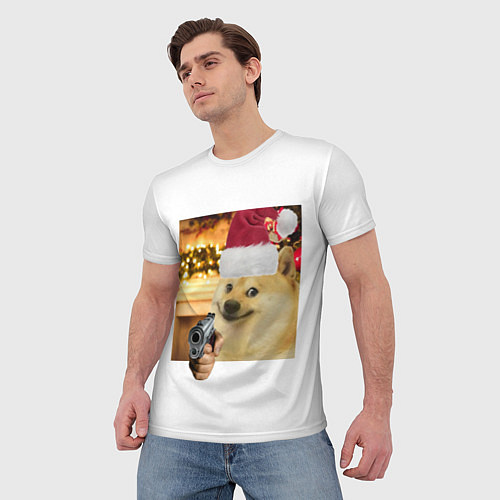 Мужская футболка Новогодняя собака злоупотребляет второй поправкой / 3D-принт – фото 3