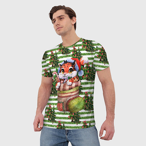 Мужская футболка Новогодний носок с тигром / 3D-принт – фото 3