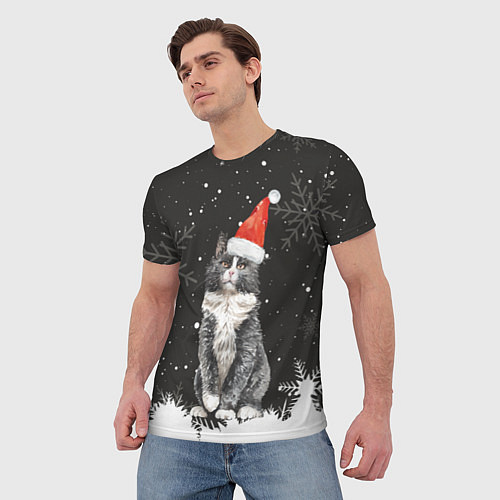 Мужская футболка Новогодний Черный кот в кружке / 3D-принт – фото 3