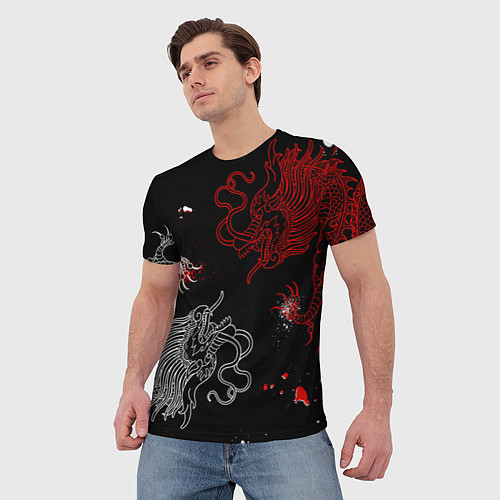 Мужская футболка Китайский дракон Красно - Белый / 3D-принт – фото 3